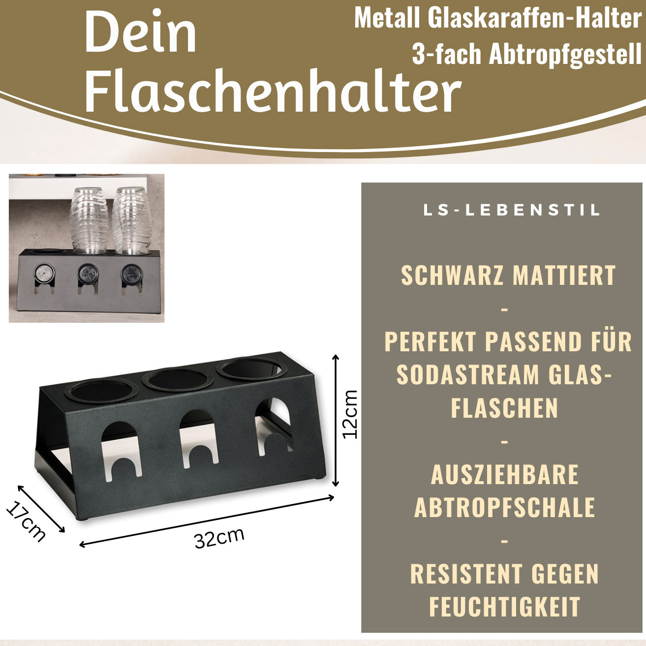 LS-LebenStil Küche & Haushalt Flaschenständer Metall Schwarz 3 Flaschen