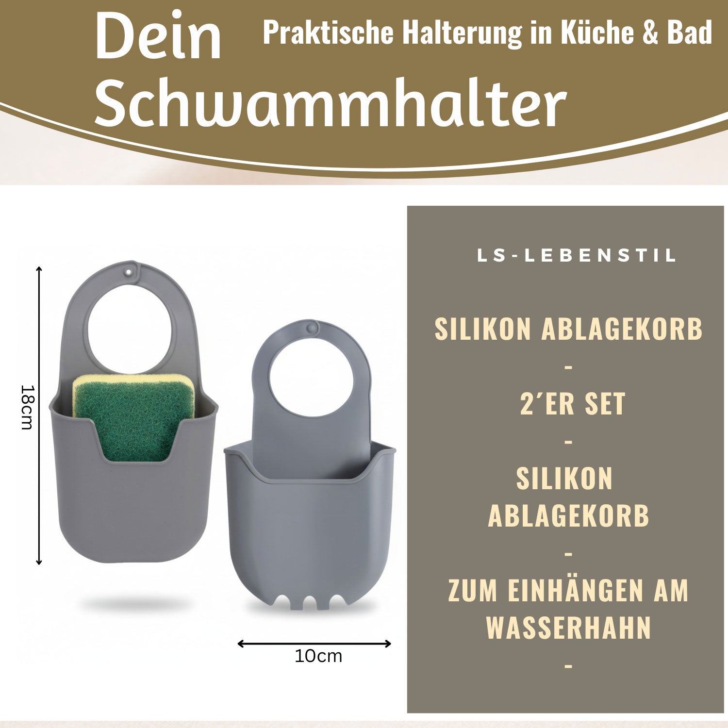 LS-LebenStil Küche Silikon Schwammhalter 2er Set Grau Wasserhahn