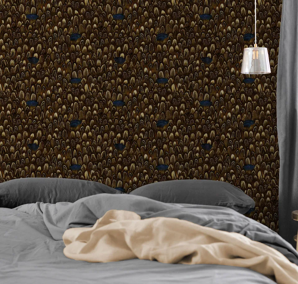 Mineheart Wallpaper Exotic Feathers Tapete gelb blau Feder