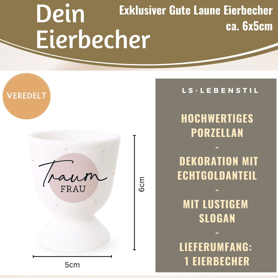 LS-LebenStil Traumfrau Eierbecher Porzellan Weiß Rosa Gold