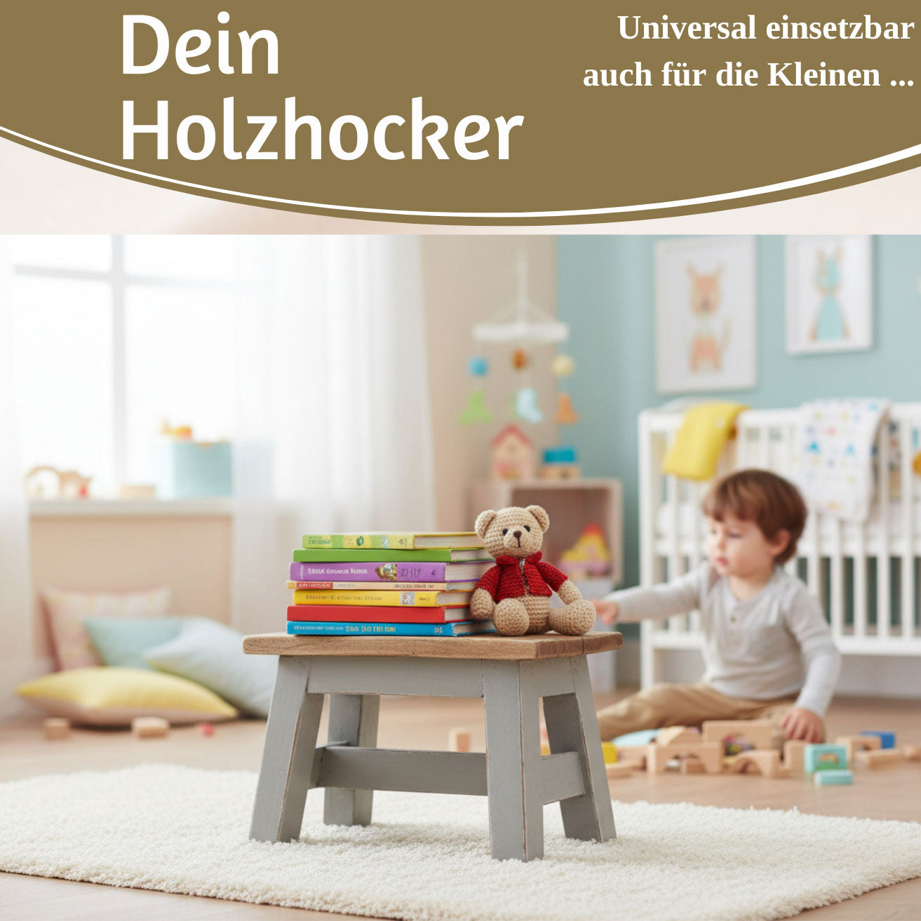 LS-LebenStil Fußhocker Holz Grau 30cm Tritthocker Schemel