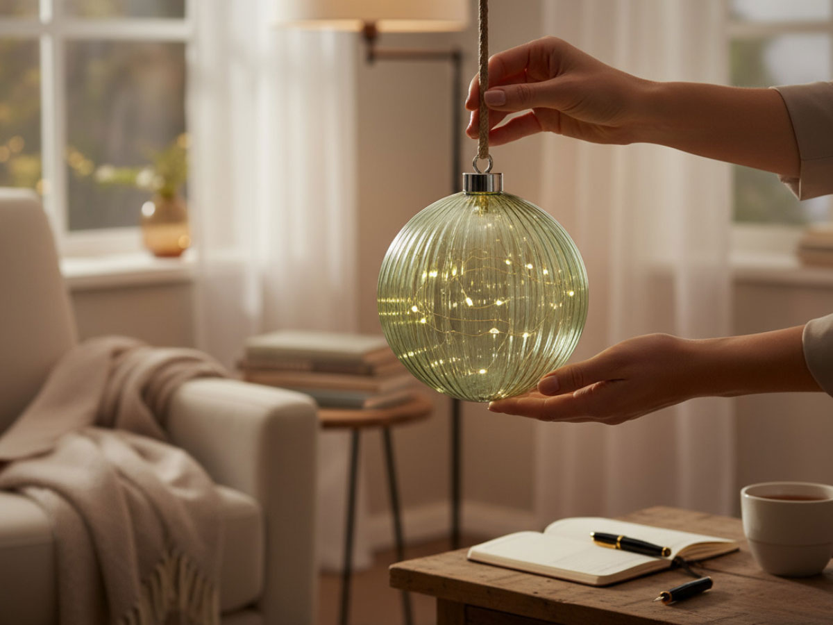 LS-LebenStil Kampen XL Deko Lichtkugel 14cm Grün Silber 30 LED