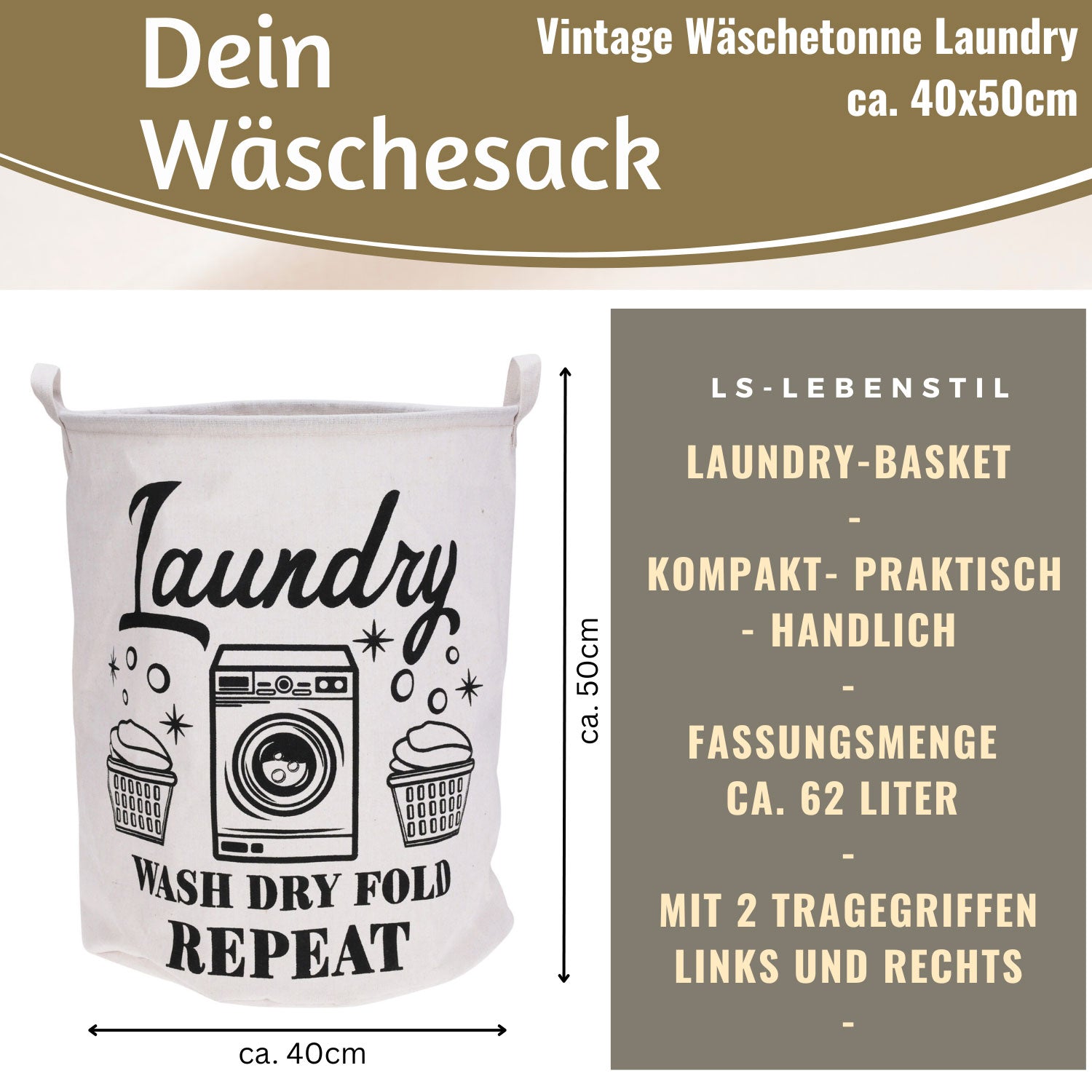 LS-LebenStil Möbel & Wohnen Wäschesack Canvas 50cm Creme