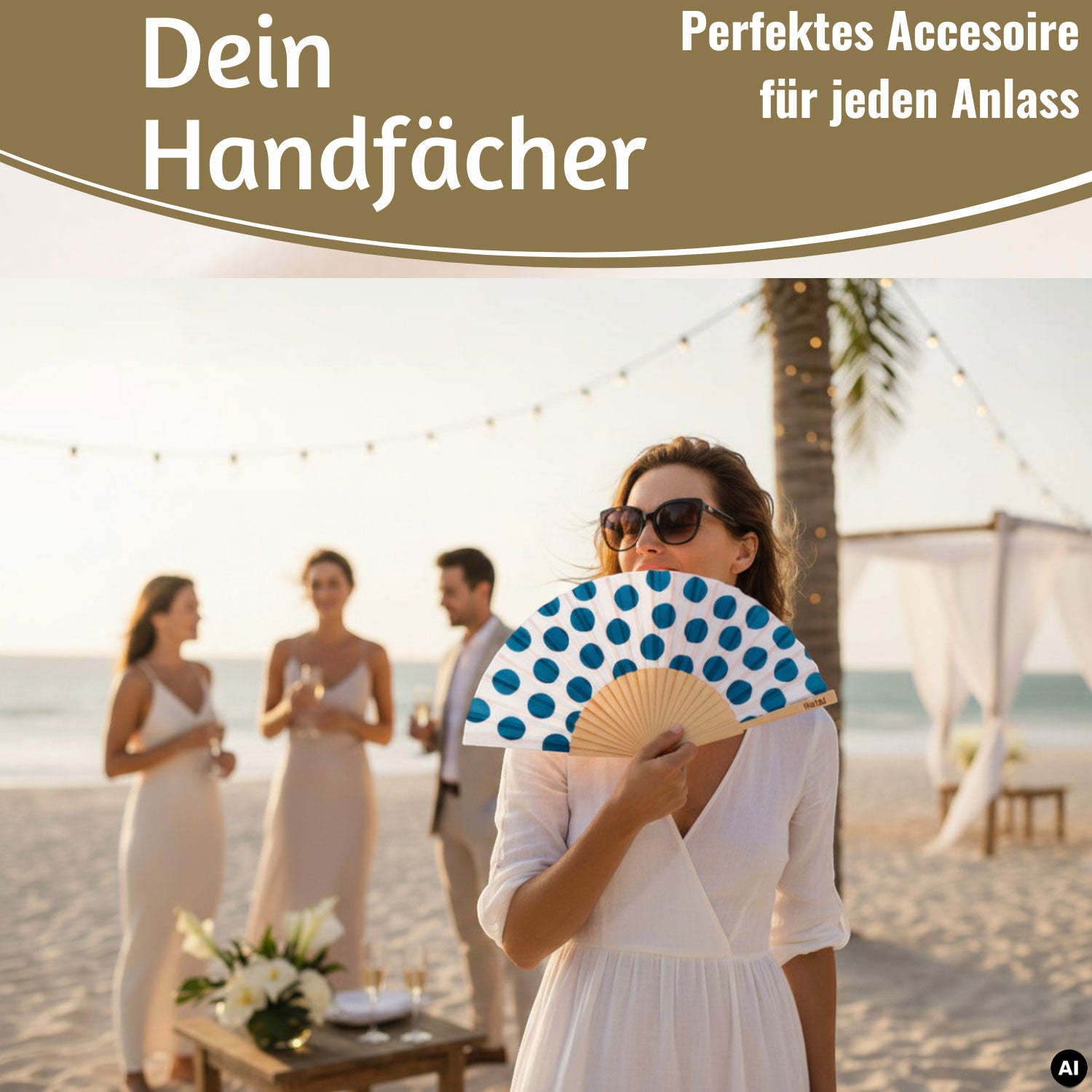 LS-LebenStil Handfächer Holz Stoff Punkte Weiß Blau faltbar