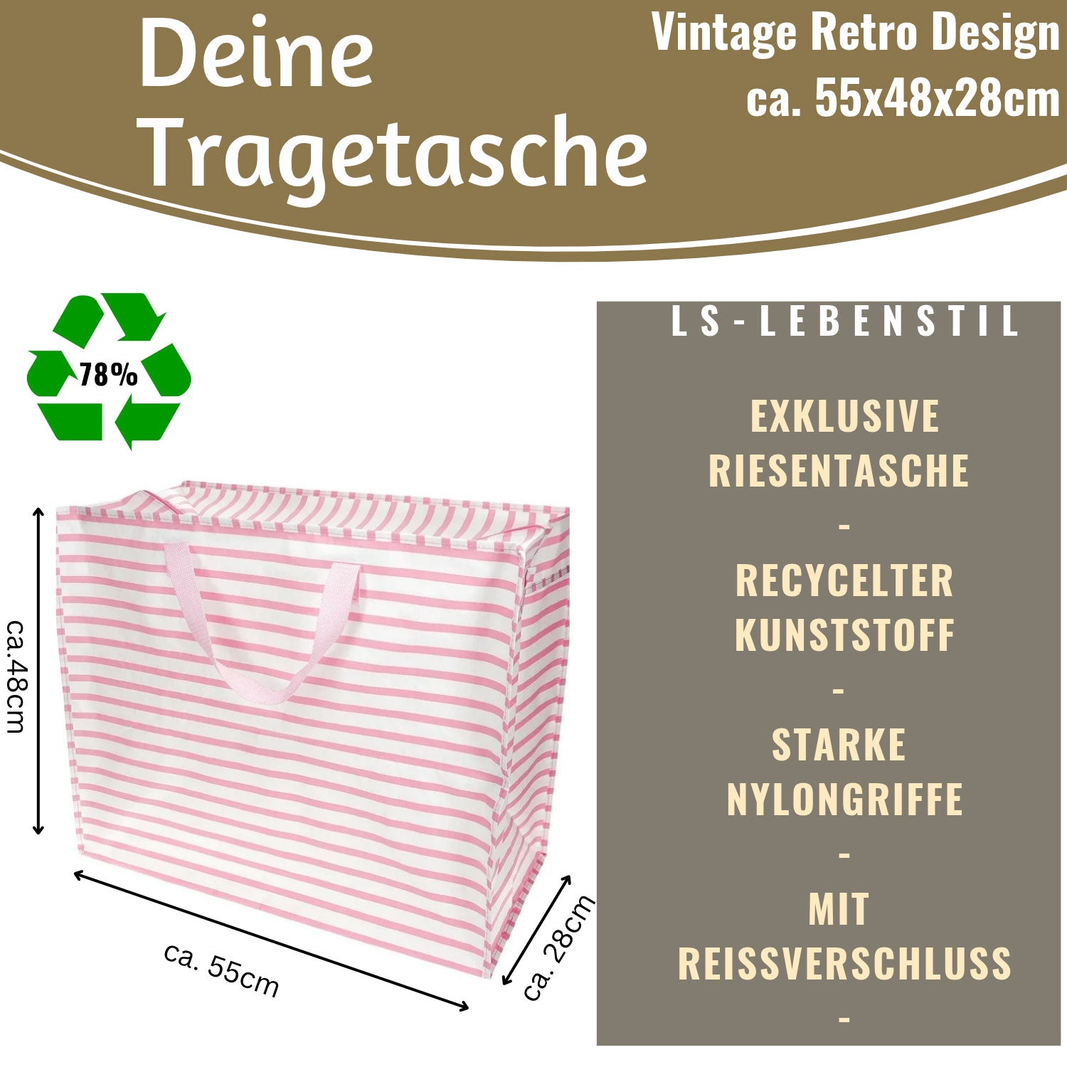 LS-LebenStil Shopper Jumbo Bag XXL Rosa Weiß 55cm Streifen