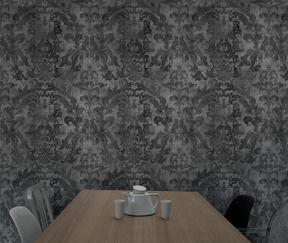 Mineheart Wallpaper Dark Urban Concrete Damask Tapete grau