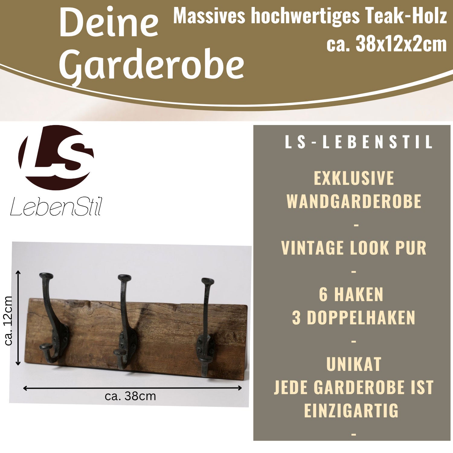LS-LebenStil Möbel Wohnen Wandgarderobe Teak 38cm braun 3 Haken