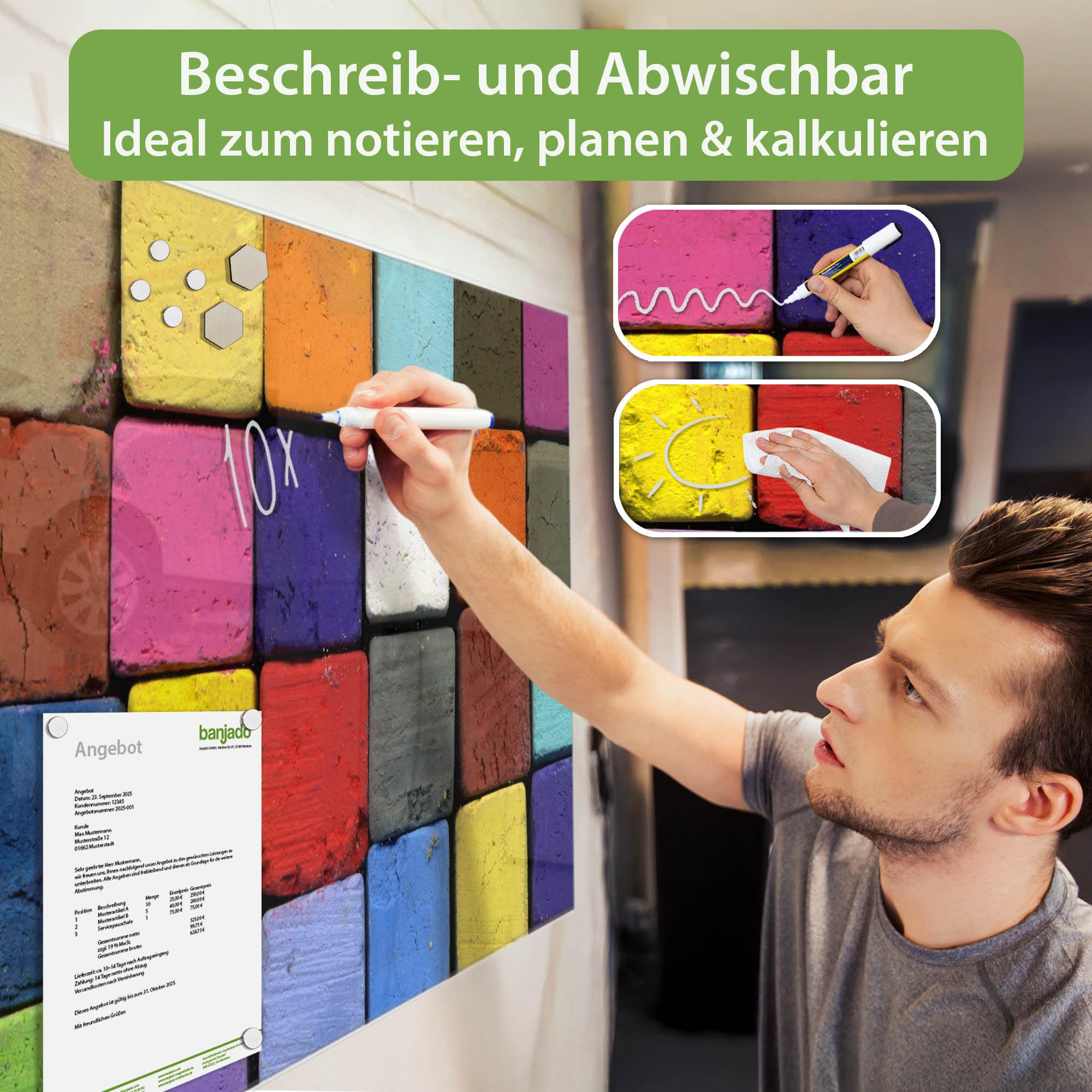 Banjado Magnettafel Bunte Kreide Glas 120x80 cm magnetisch