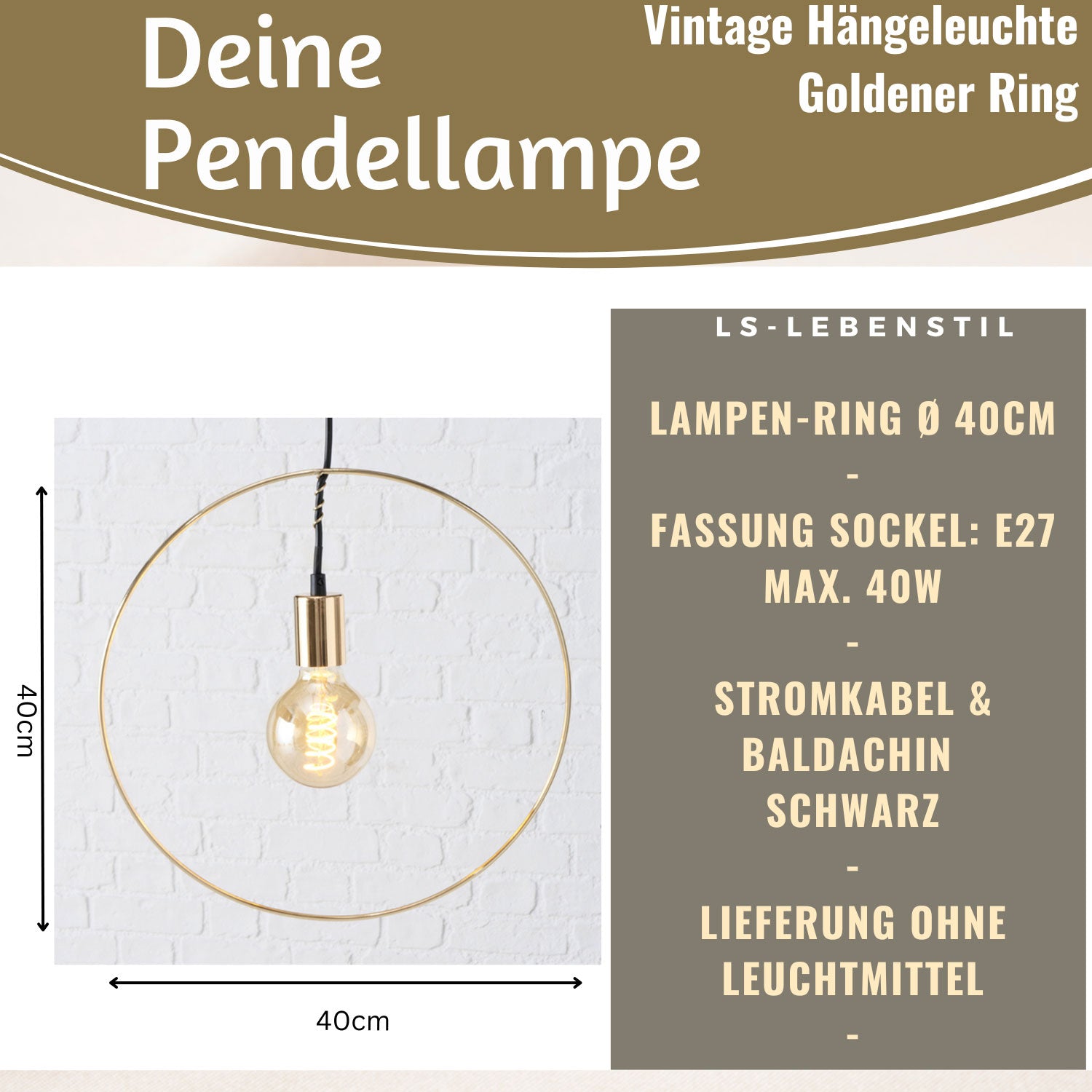 LS-LebenStil Athen Pendel-Leuchte Ring Gold 40cm E27