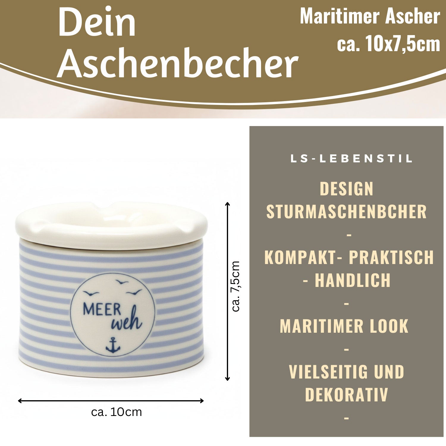 LS-LebenStil Küche & Haushalt Sturmaschenbecher Meer-Weh 10cm