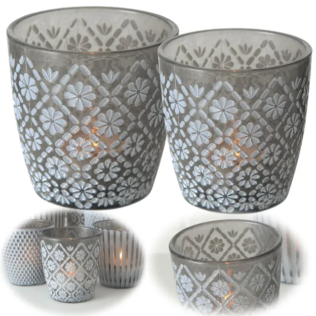 LS-LebenStil Küche & Haushalt Teelichthalter Glas Grau 2er Set Retro