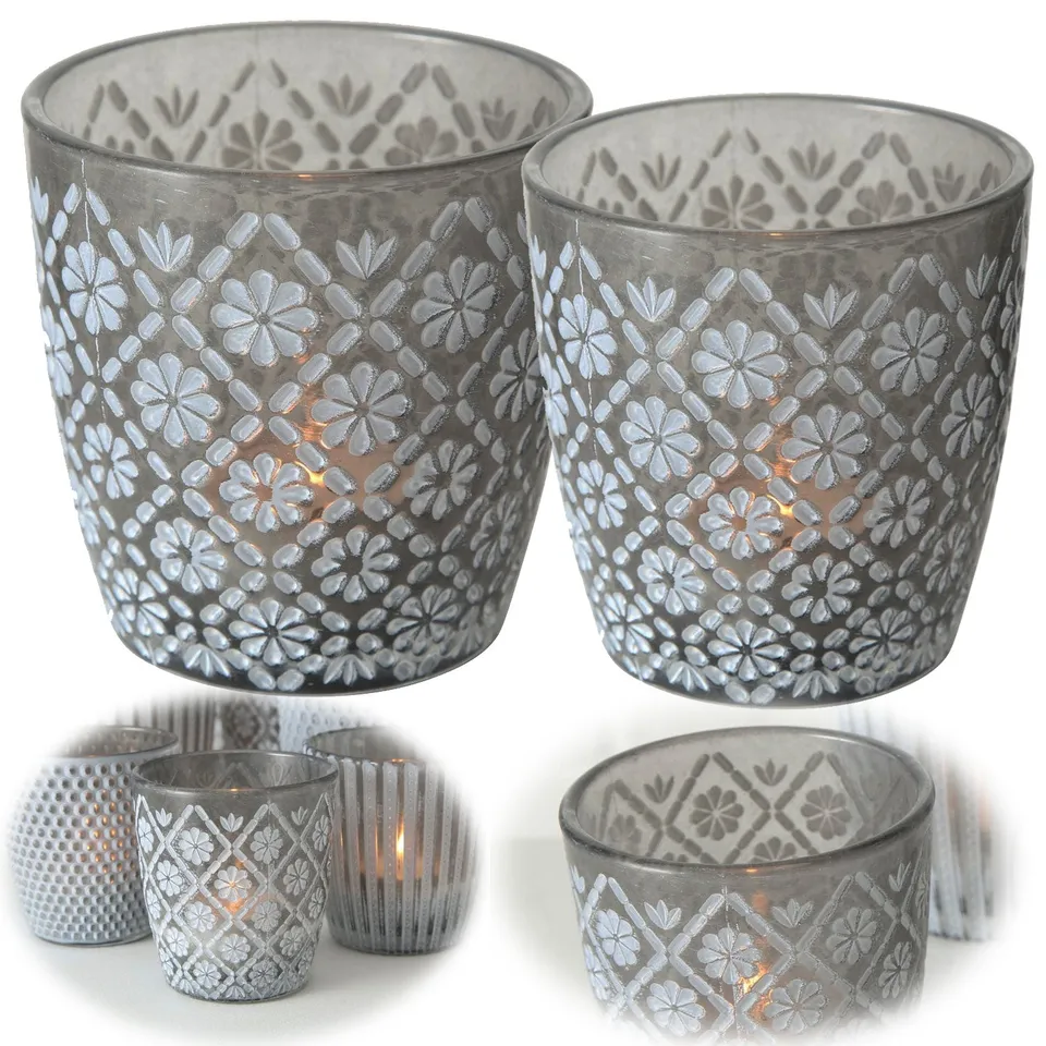 LS-LebenStil Küche & Haushalt Teelichthalter Glas Grau 2er Set Retro