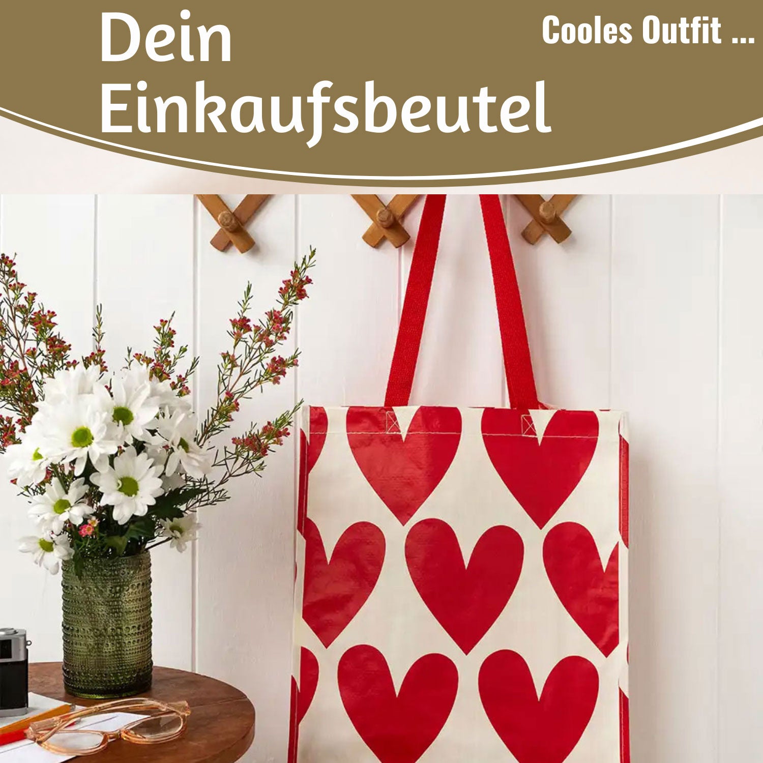 LS-LebenStil Retro Shopper Herzen Rot-Weiß 40x34x15cm Faltbar