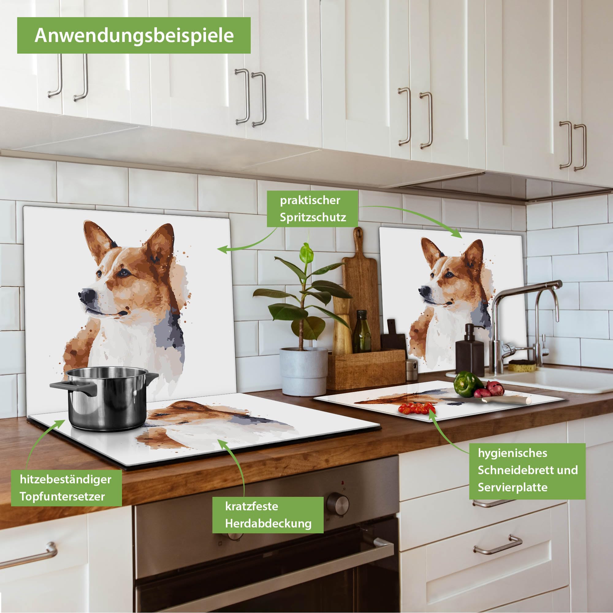 Banjado Herdabdeckplatte Corgi Porträt Schneidebrett 60x52cm