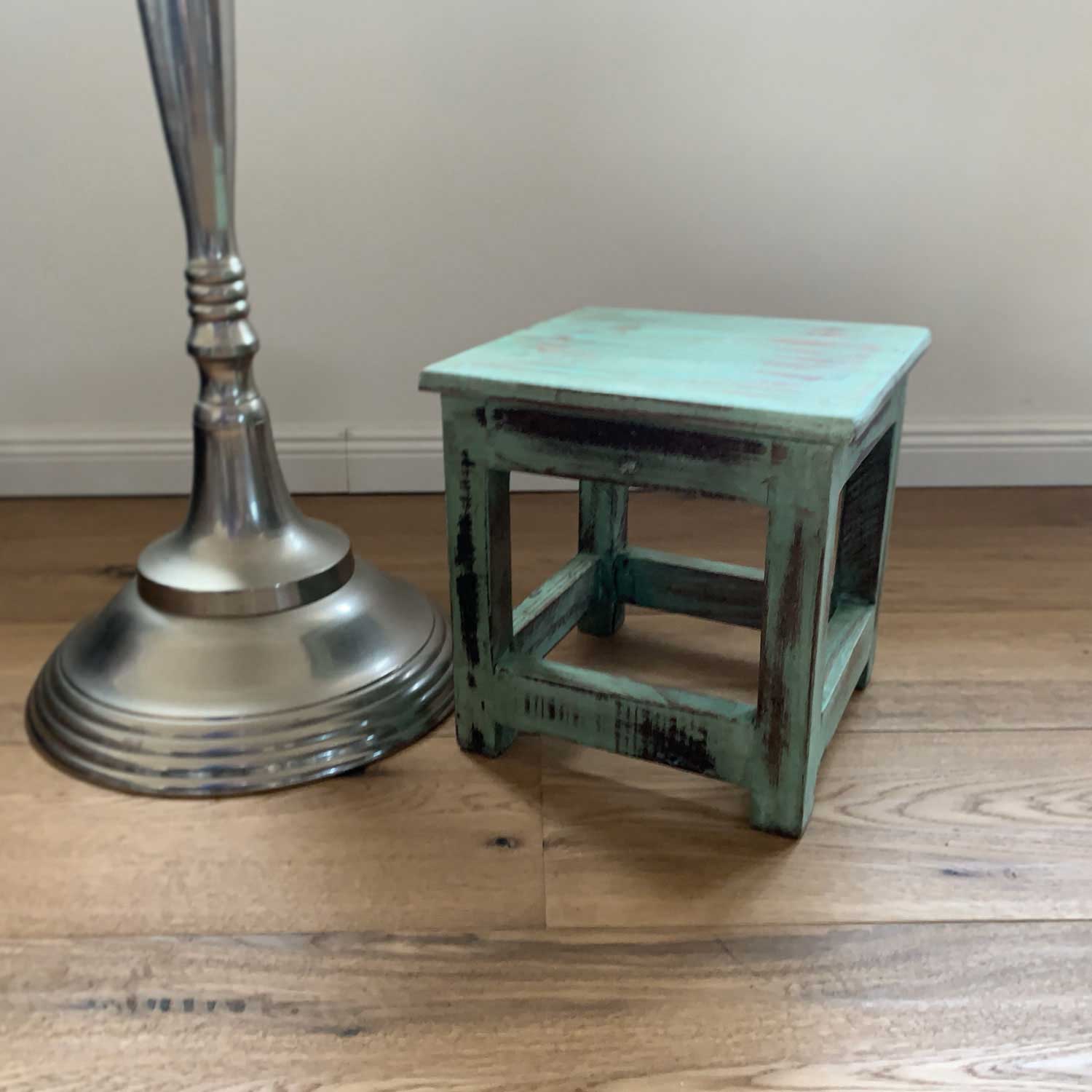 LS-LebenStil Möbel & Wohnen Vintage Fußhocker Holz Türkis 26cm