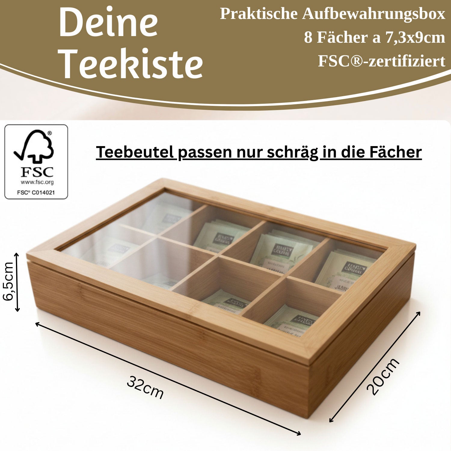 LS-LebenStil Küche & Haushalt Teebox Bambus 8 Fächer 32cm