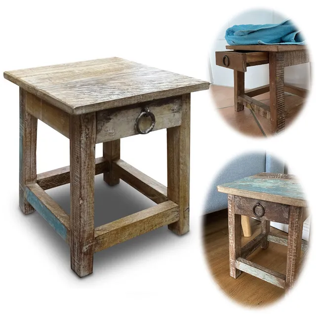 LS-LebenStil Vintage Nachttisch Holzhocker Schublade 30cm Braun