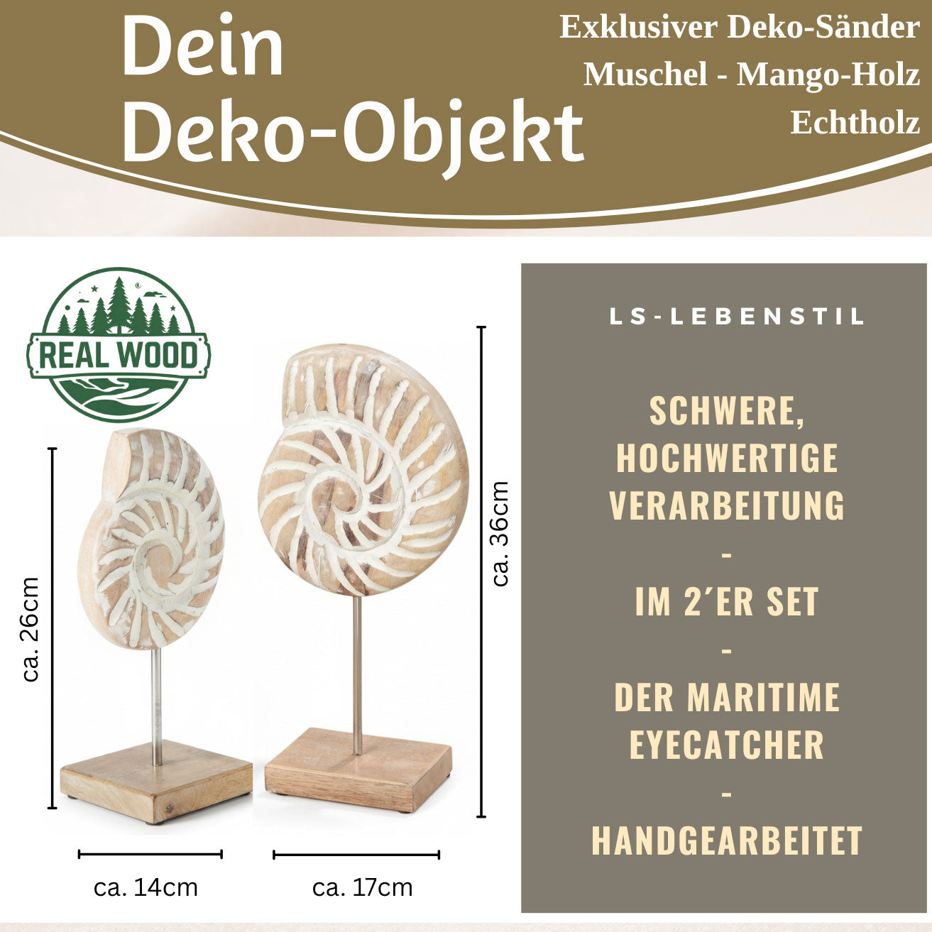 LS-LebenStil Sylt Muscheln Deko Objekt Set 2tlg Mango Holz