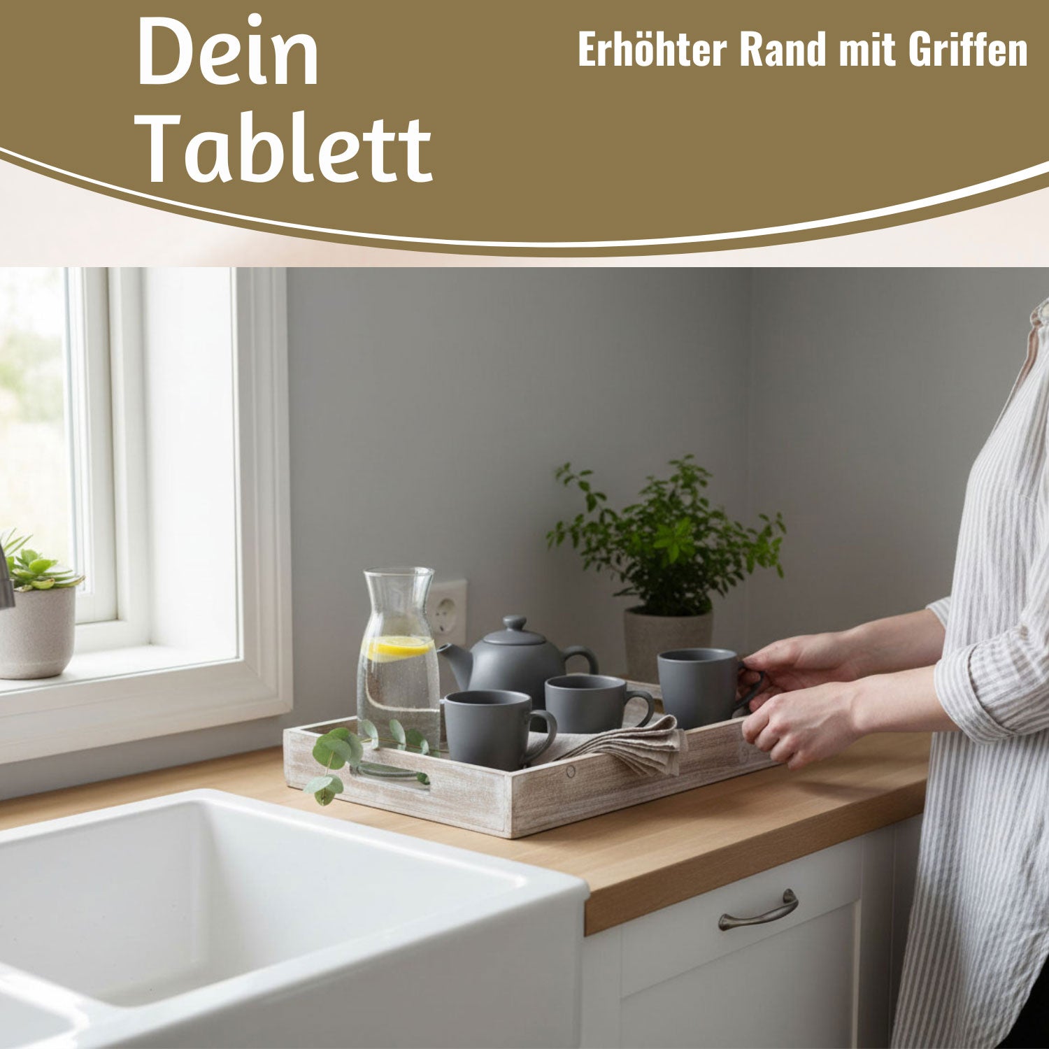 LS-LebenStil Oslo Serviertablett Holz 40x25cm Grau Braun