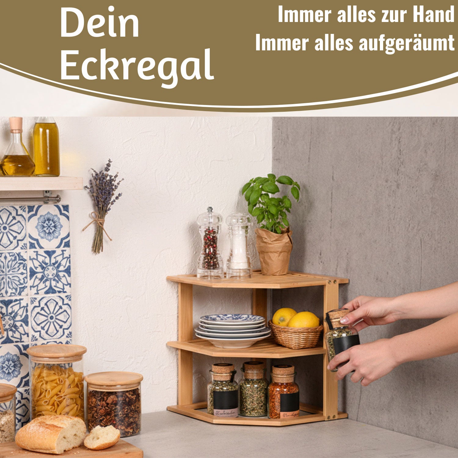 LS-LebenStil Küche & Haushalt Eckregal Bambus 27x25cm 3 Ablagen