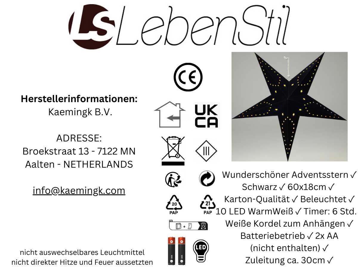 LS-LebenStil 3D Leuchtstern Papierstern Schwarz 60cm 10 LED