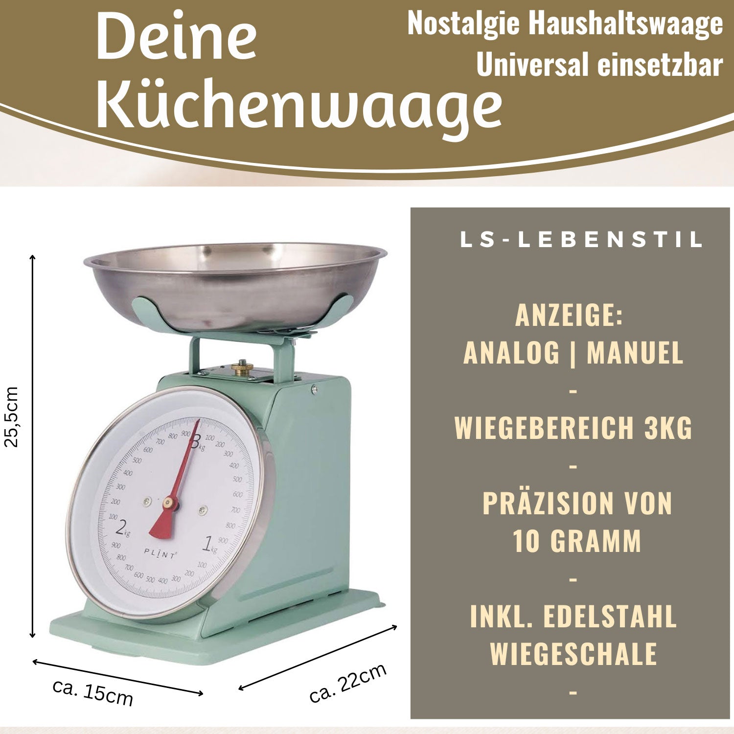 Vintage Küchenwaage Retro Leaf Analog 3kg Edelstahlschale
