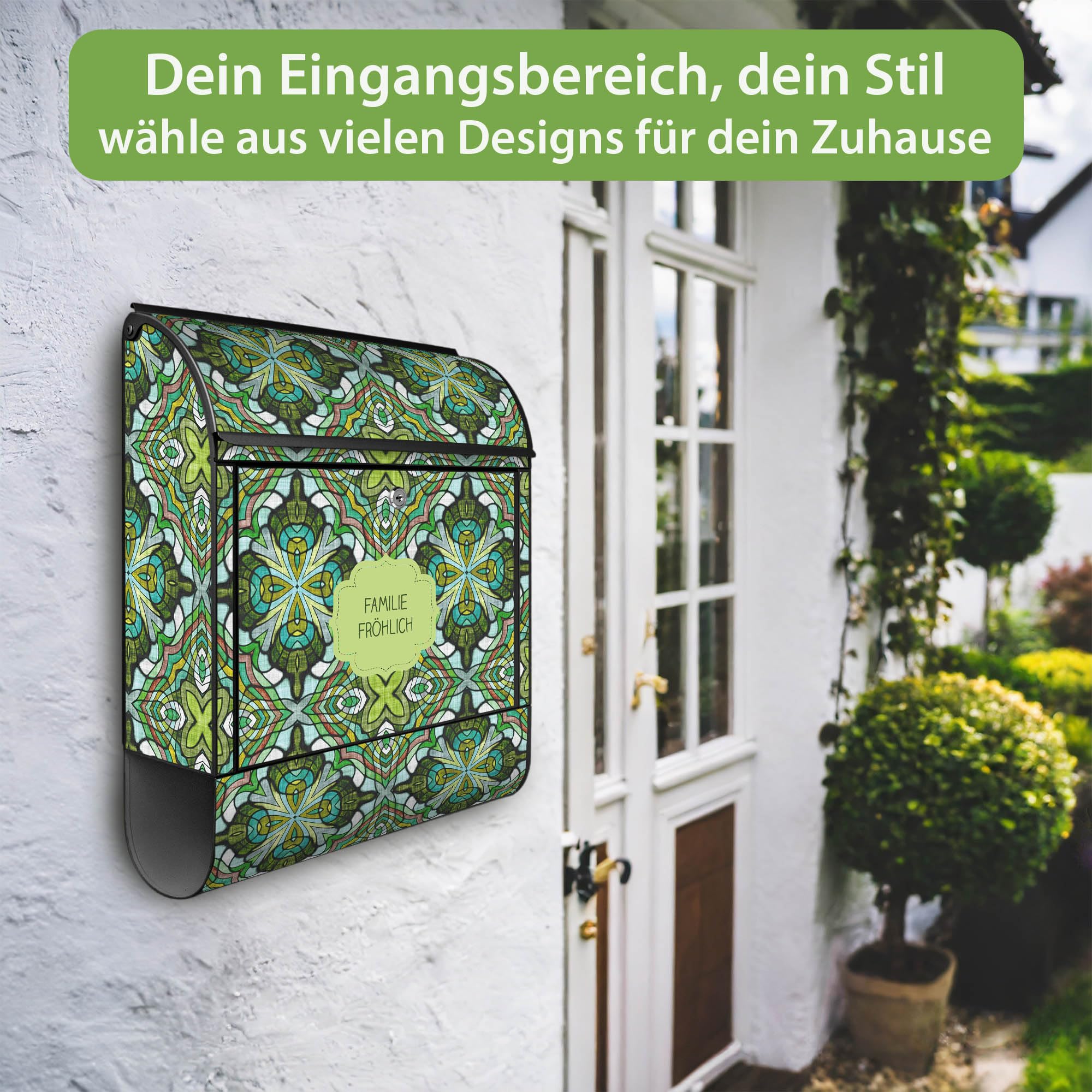 Banjado Briefkasten Grünes Muster Stahl 38,5x46,5x13 Schwarz