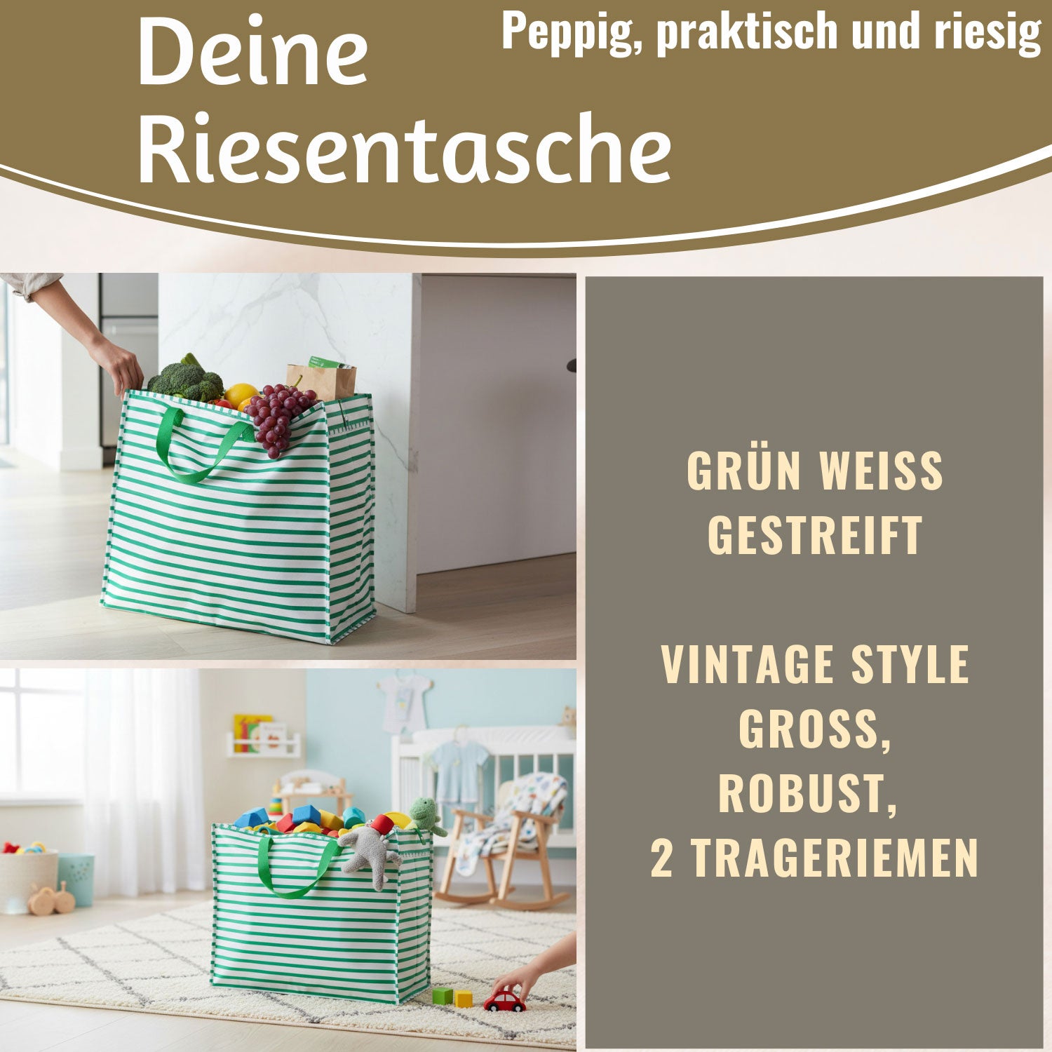 LS-LebenStil Shopper Jumbo Bag XXL Grün Weiß Gestreift 55cm