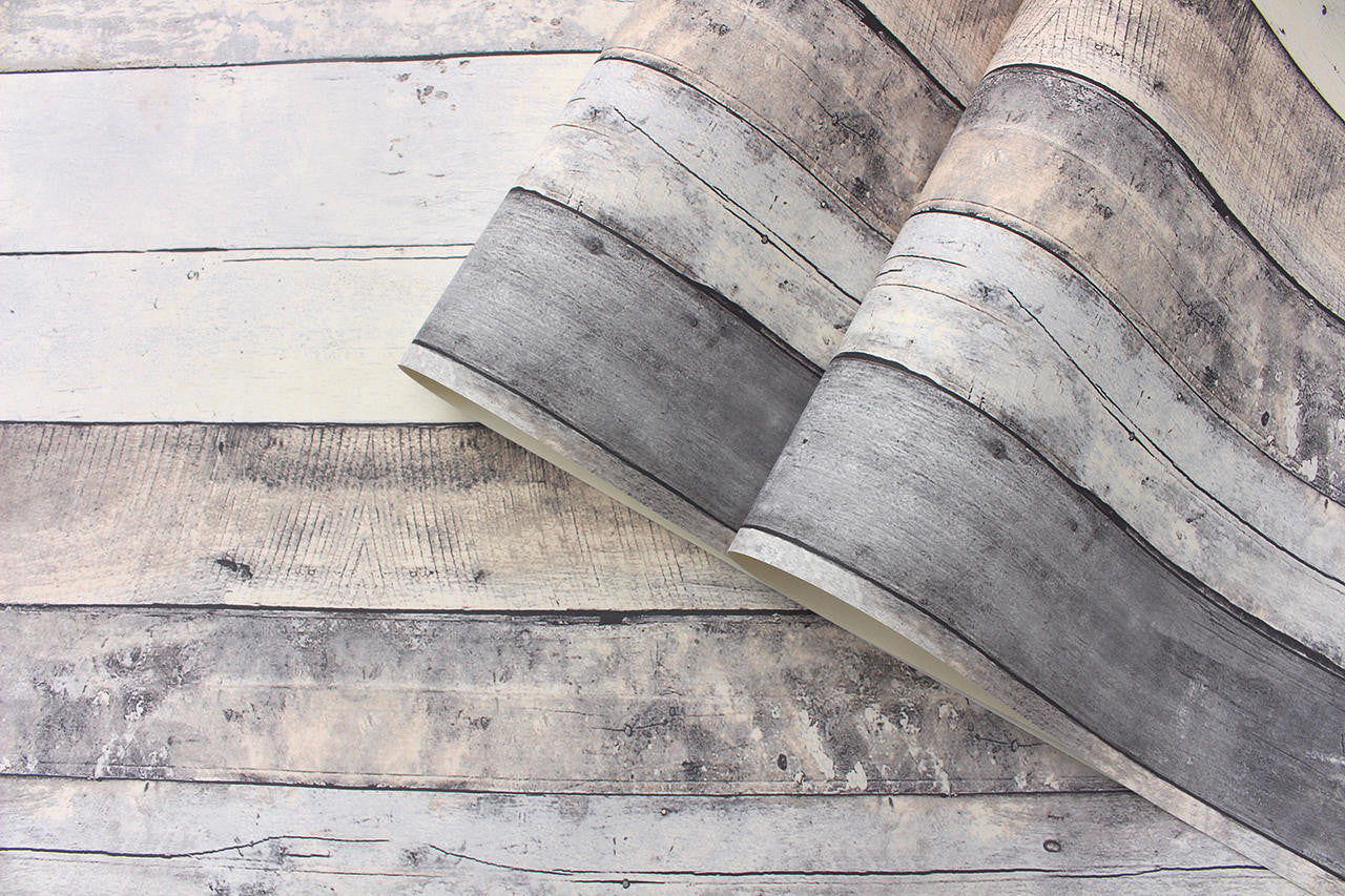 Mineheart Wallpaper Rustic Wood Tapete Grau Beige Holzoptik