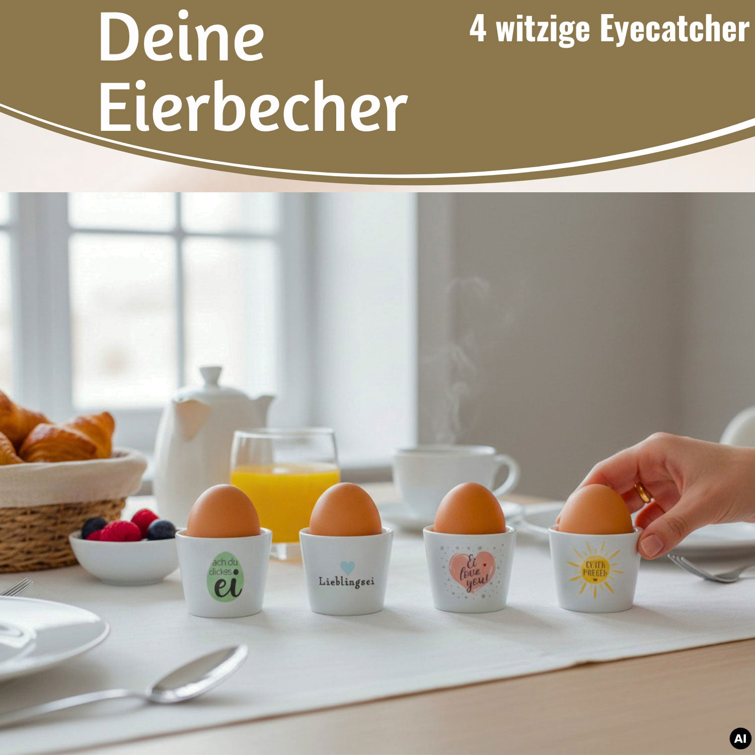 LS-LebenStil Eierbecher Porzellan 4er Set Sprüche Gute Laune