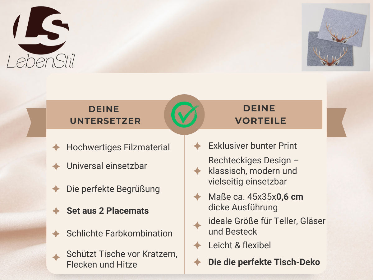 LS-LebenStil Küche & Haushalt Tischset Filz Hirsch Hellgrau 45cm 2er