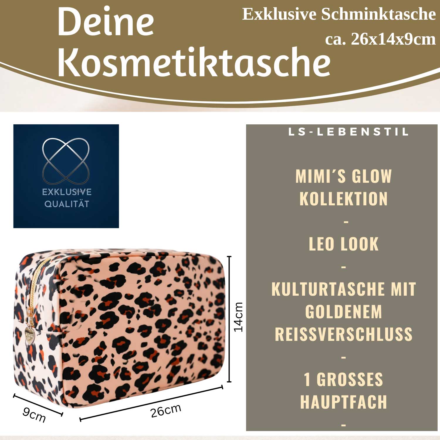 LS-LebenStil Romy Kulturtasche Leo Beige Nylon 26cm