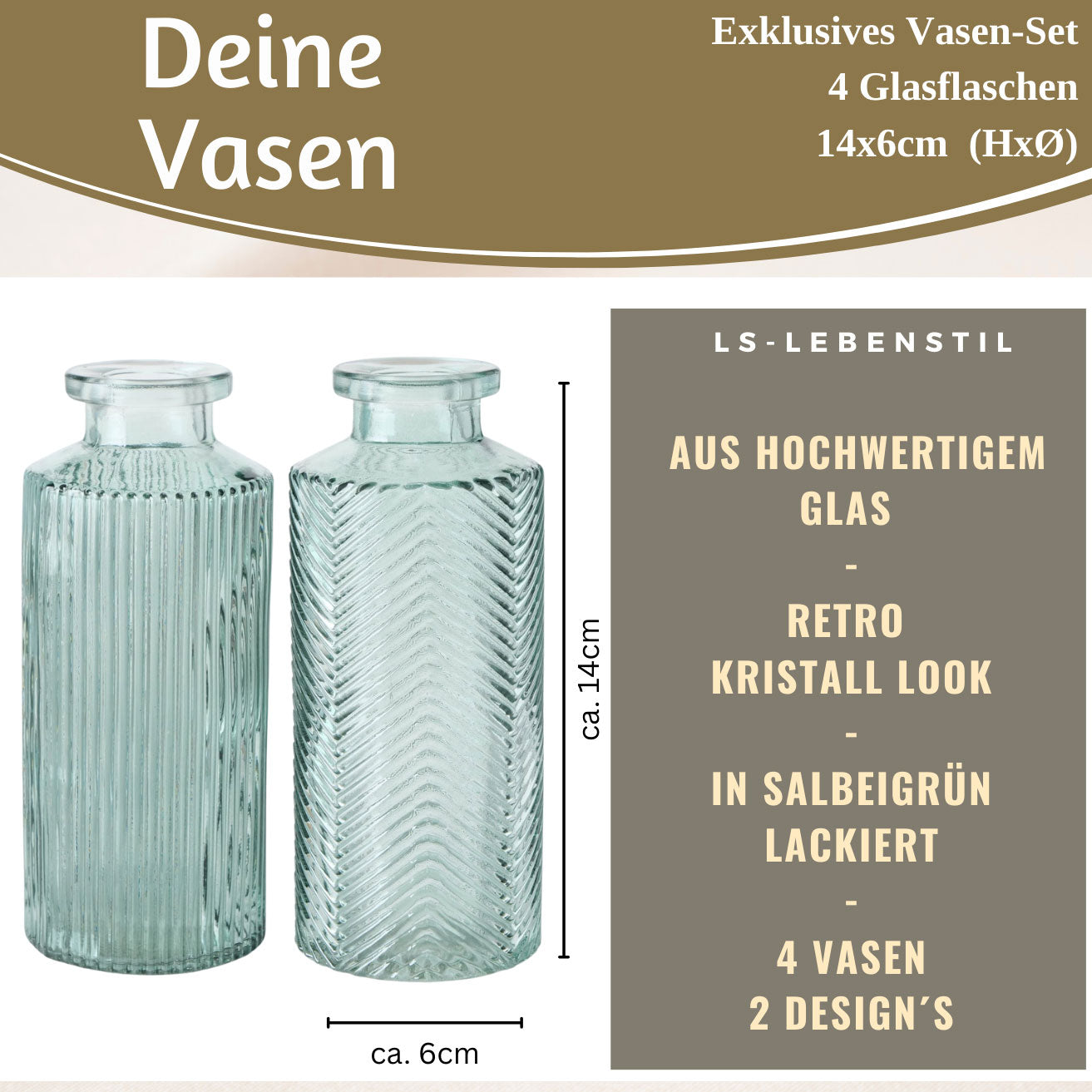 LS-LebenStil Retro Glas-Vasen 4er-Set salbei-grün 14cm