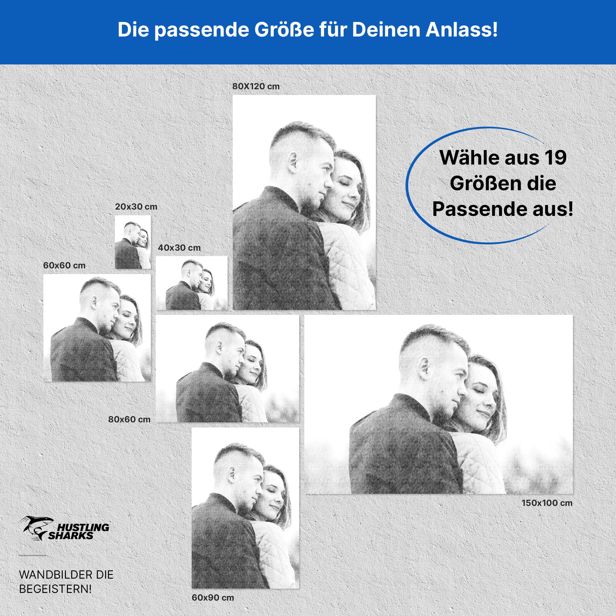 Hustling Sharks Wandbilder Portrait Strichzeichnung Leinwand 30x45 cm