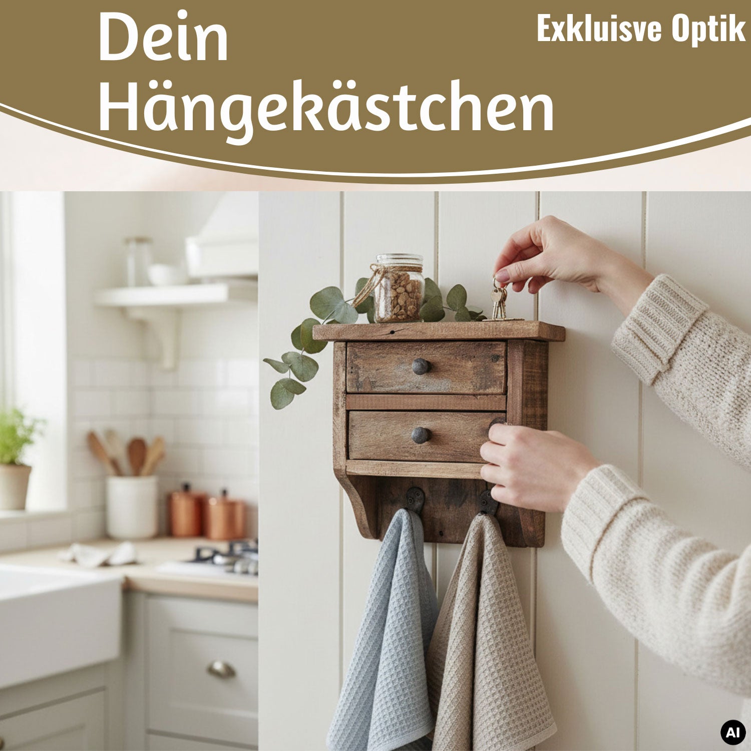LS-LebenStil Dehli Wandregal Holz 25cm mit 2 Haken Braun
