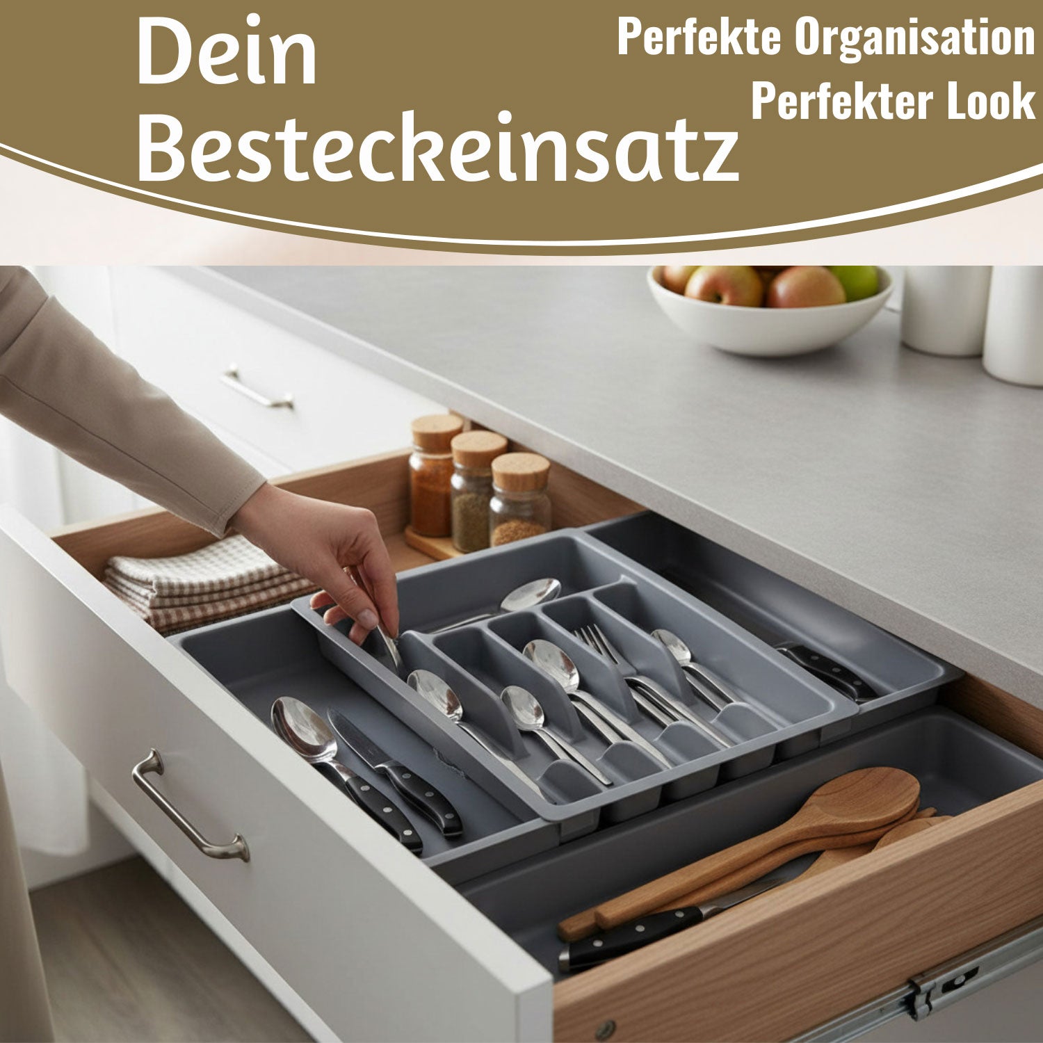LS-LebenStil Besteckkasten 29-50cm Grau Ausziehbar Organizer