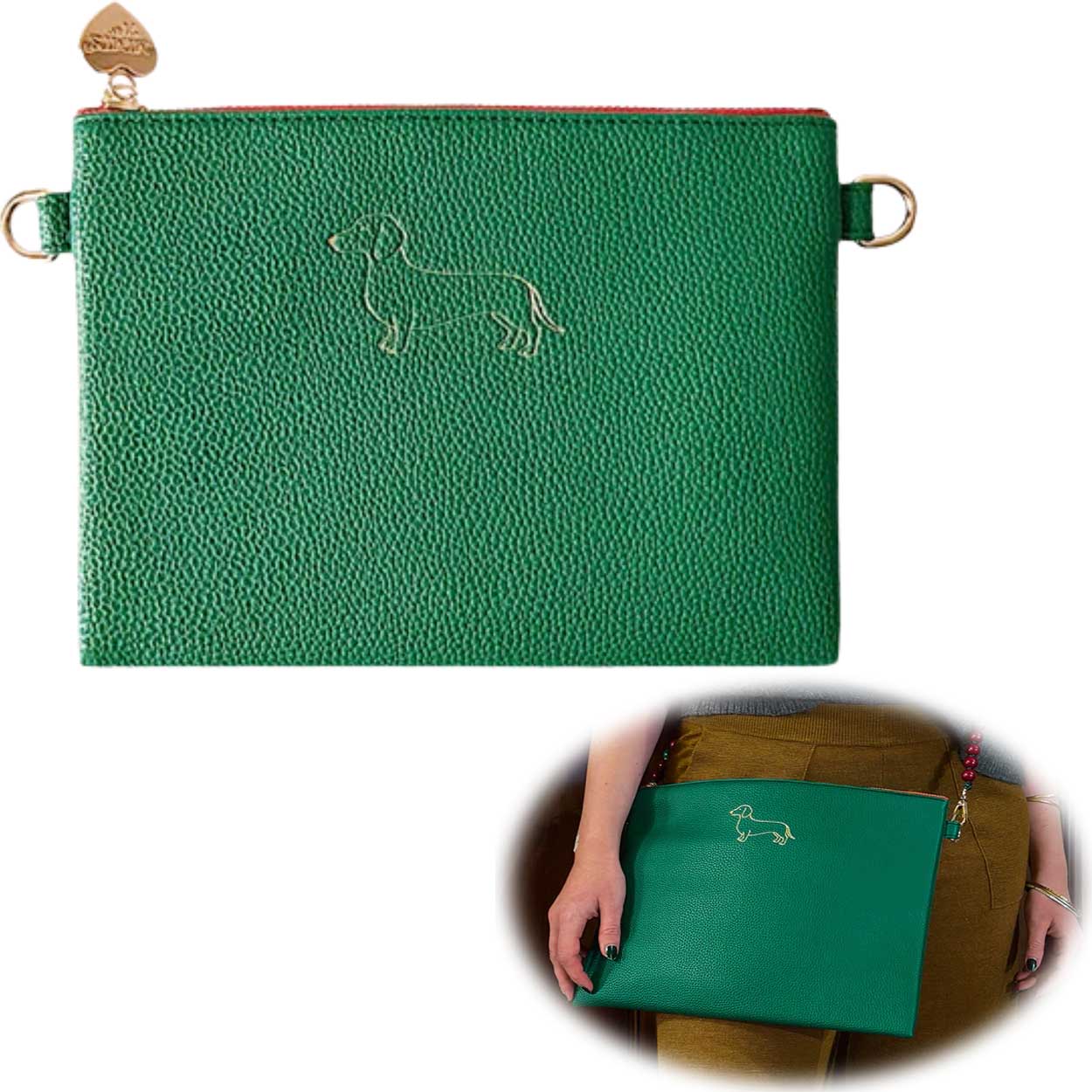 Mimi's Glow Stella Clutch Dackel XL 30cm Grün PU-Leder