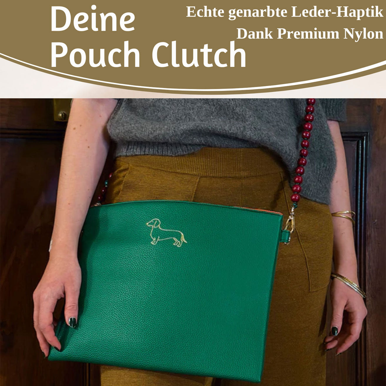Mimi's Glow Stella Clutch Dackel XL 30cm Grün PU-Leder