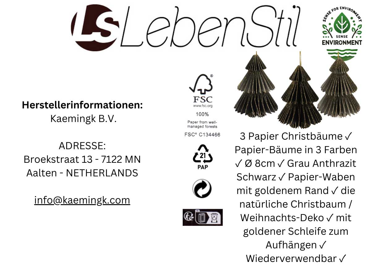 LS-LebenStil Möbel & Wohnen Papier Tannenbaum Hänger grau 3er 8cm