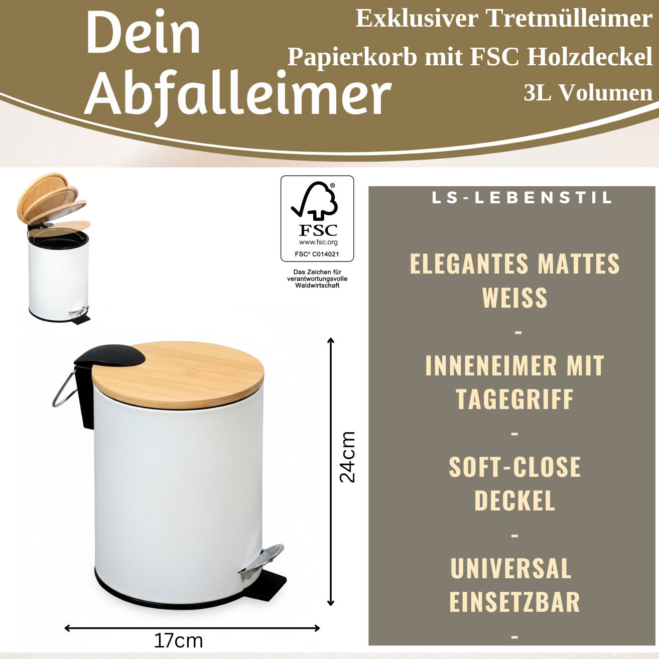 LS-LebenStil Tretmülleimer 3L Weiss Rund Soft Close