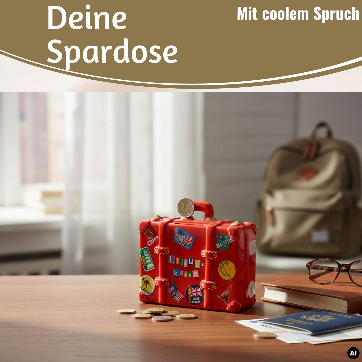 LS-LebenStil Urlaubskasse Sparschwein Koffer Rot Keramik