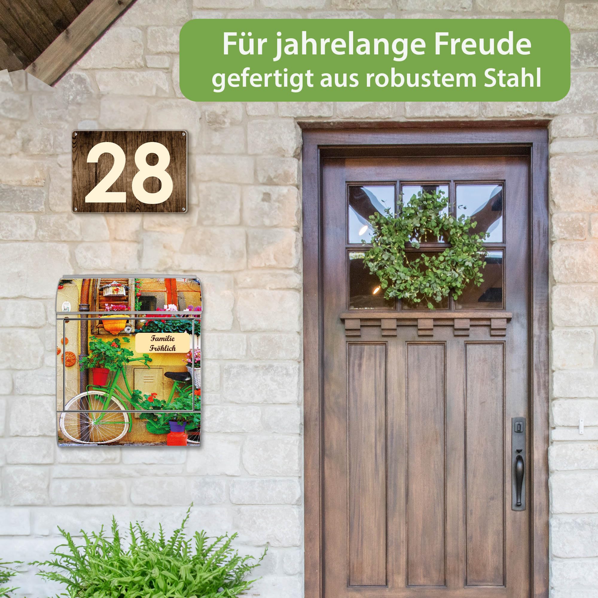 Banjado Briefkasten Grünes Fahrrad Postkasten Silber mit Name A4