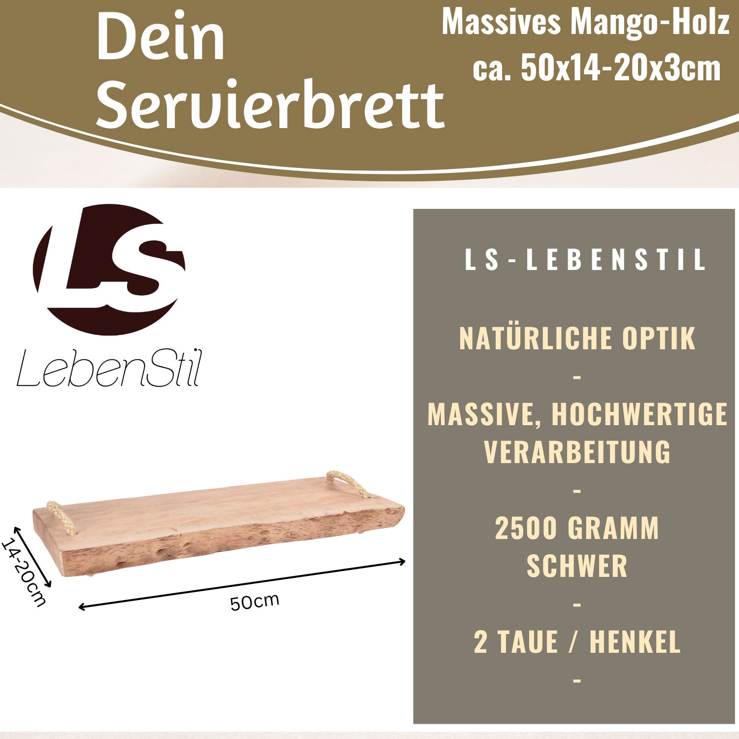 LS-LebenStil Küche & Haushalt Schneidebrett Mango 50cm