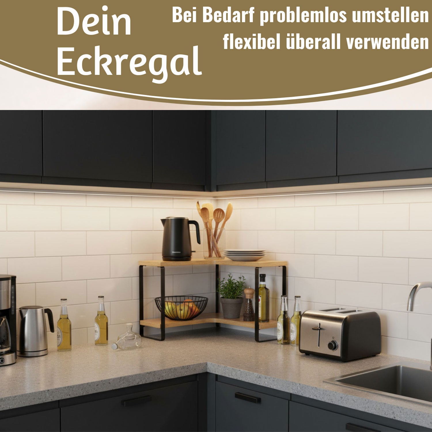 LS-LebenStil Küche Eckregal Holz 30x30cm 2 Ebenen Braun