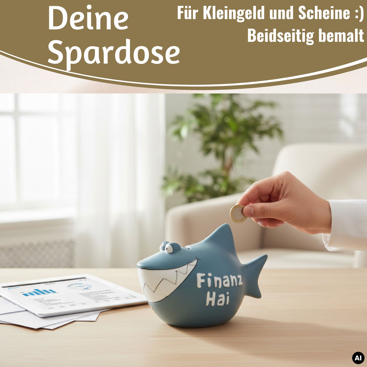 LS-LebenStil Finanz-Hai Sparschwein Keramik blau-weiß 13cm