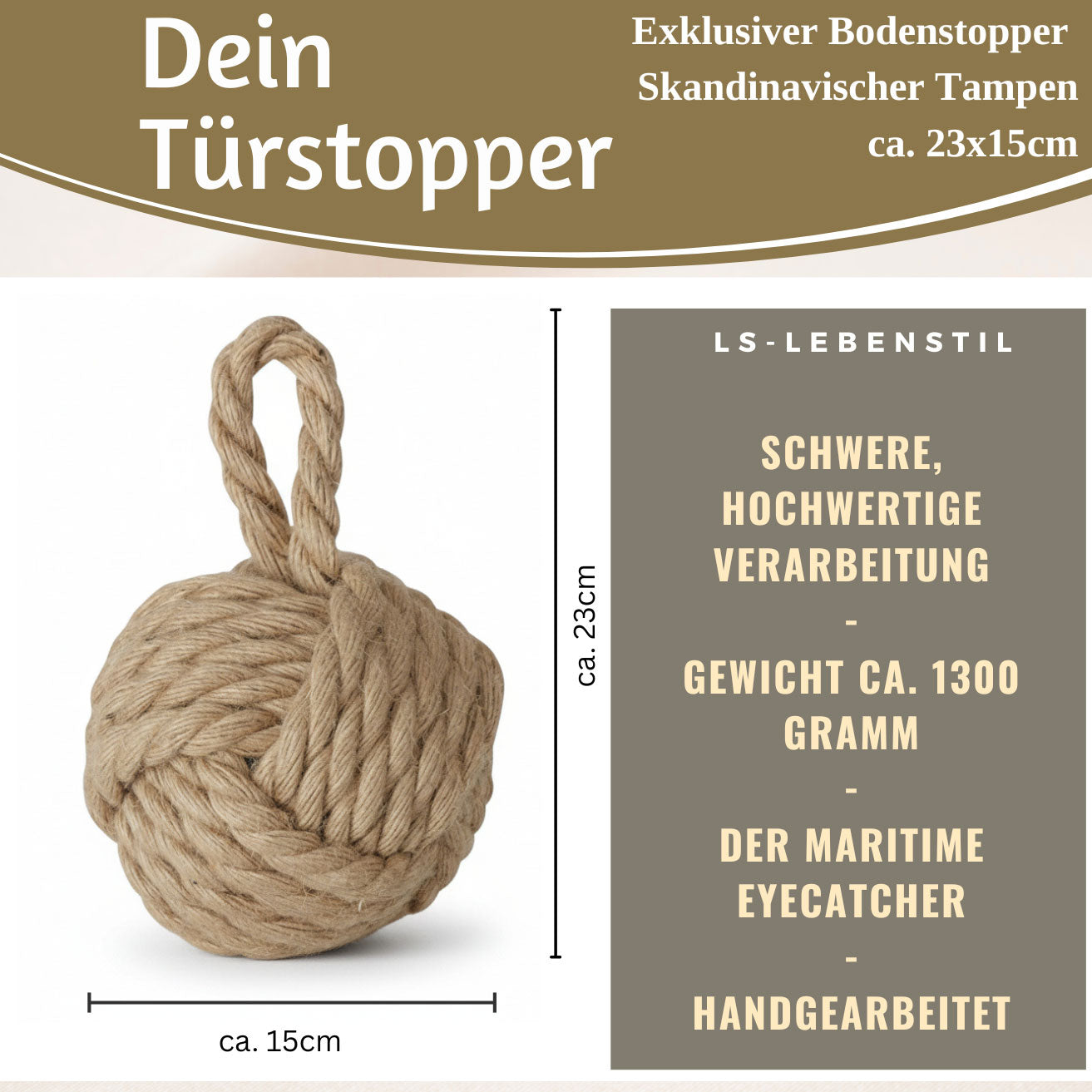 LS-LebenStil Malmö Türstopper Jute beige-braun 23cm 1,3kg