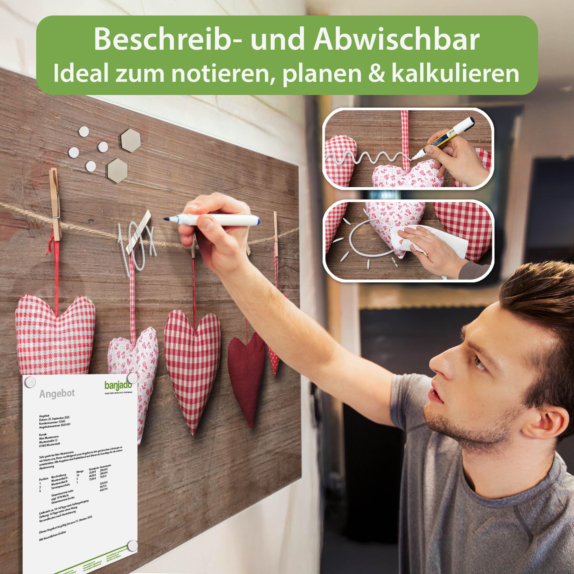 Banjado Magnettafel Herzen 120x80 cm Glas beschreibbar