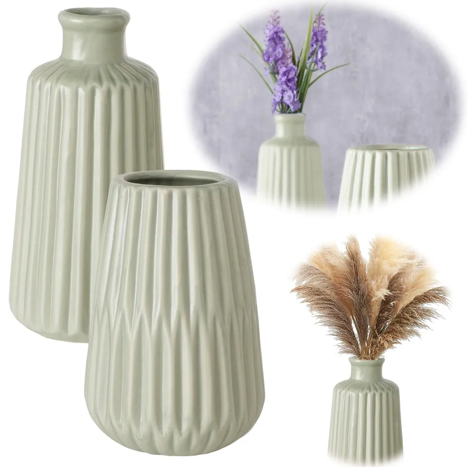 LS-LebenStil Möbel Wohnen Vase Oslo 2er Set creme grün Keramik