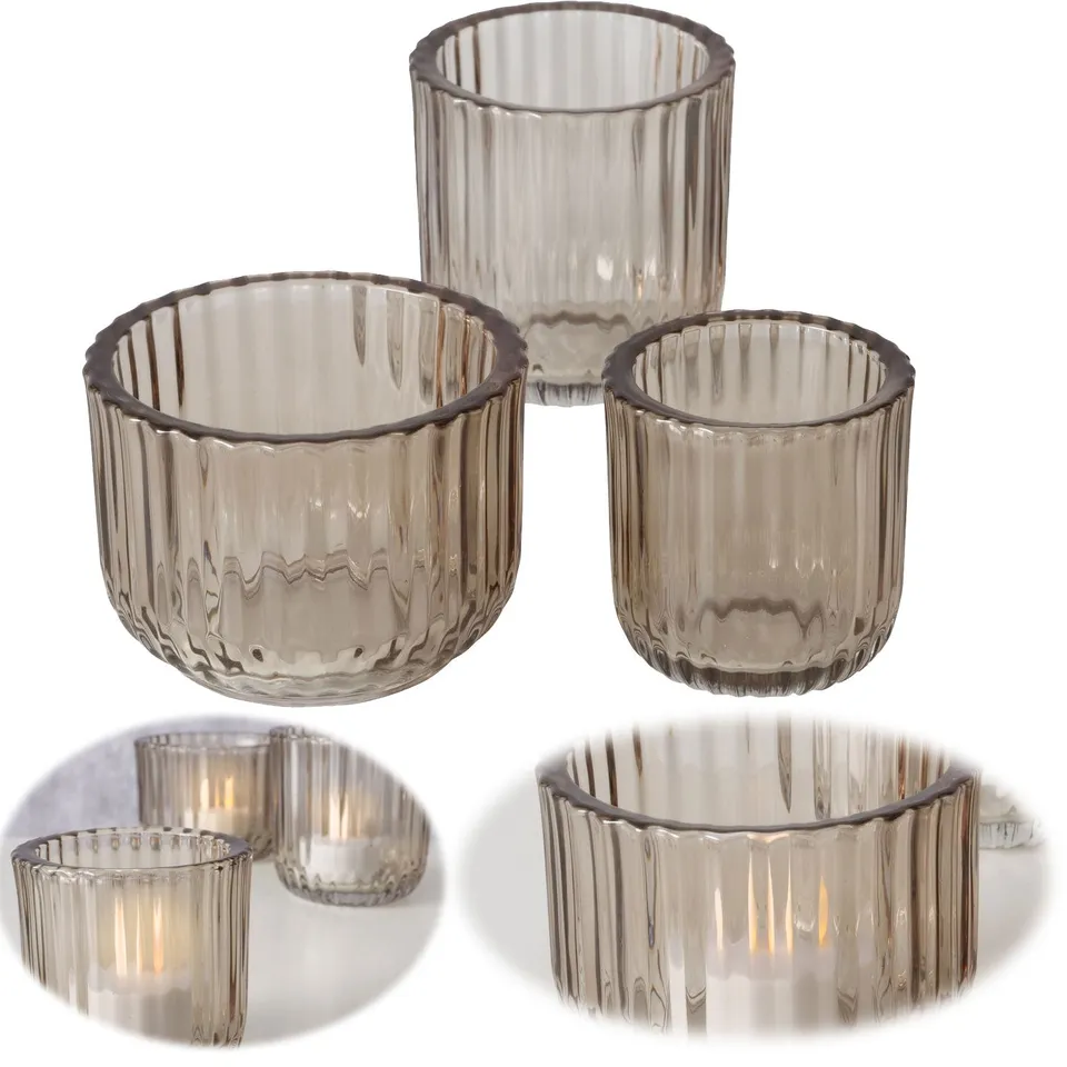 LS-LebenStil Teelichthalter Glas Retro Beige 3er Set 7-9cm