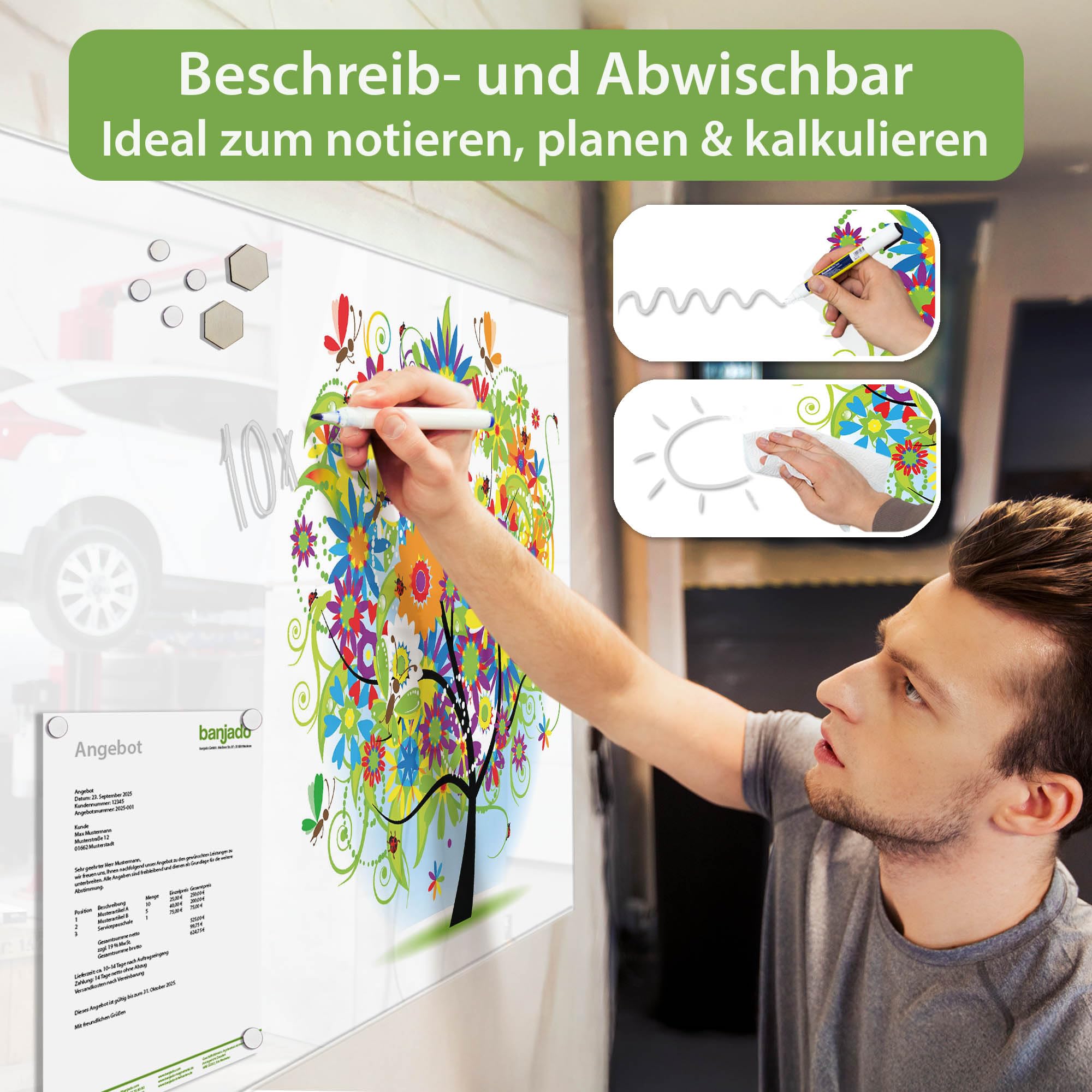 Banjado Magnettafel Märchenzauberbaum Magnetboard 120x80 Blumen